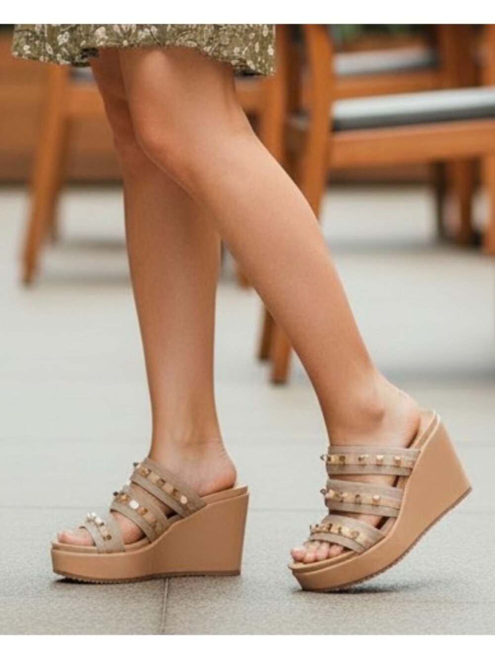 Studded Strap Nude Wedge Sandals For Women - Stylish Slip-On Platform Design Wit - Picture 5 of 12